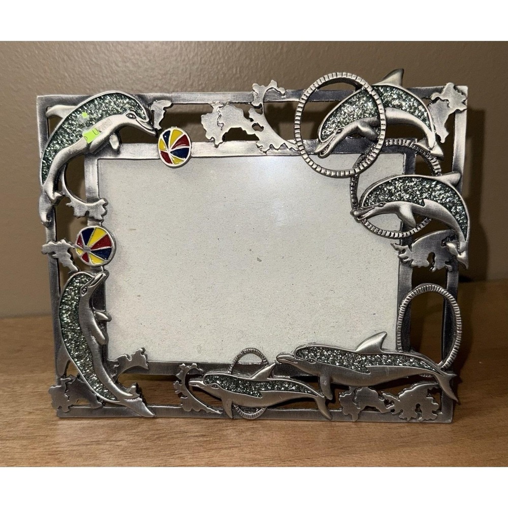 Dolphin Metal Picture Frame Pewter Tone Glitter Inlay Nautical Ocean Decor 4x6